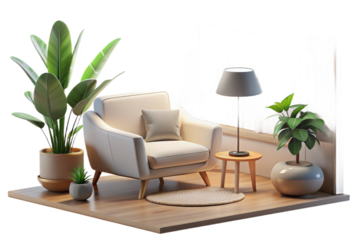 The image shows a bright and clean living room with a minimalist design- 3D rendering