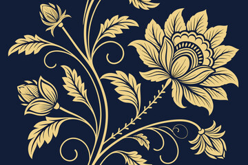 Fototapeta premium Seamless damask pattern with gold floral motifs on a dark blue background vector