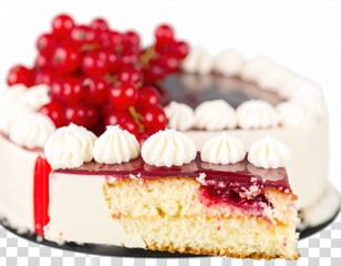 Elegant Redcurrant Gateau Slice with Jelly Glaze and Cream Rosettes on White.