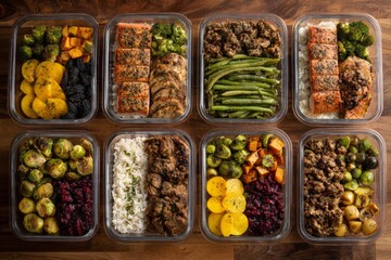 Colorful meal prep containers filled with a variety of healthy foods, including vegetables and protein, are organized on a wooden surface, showcasing a balanced diet for the week ahead