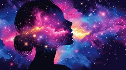 Surreal cosmic art of a nebula shaped like a human silhouette filled with glowing stars and galaxies