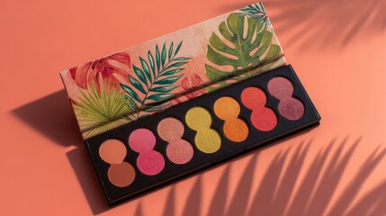 Vibrant Eyeshadow Palette with Tropical Leaves on Peach Background