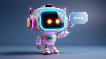 3D Cute Robot Chatbot with Speech Bubble for AI and Customer Support Concept.