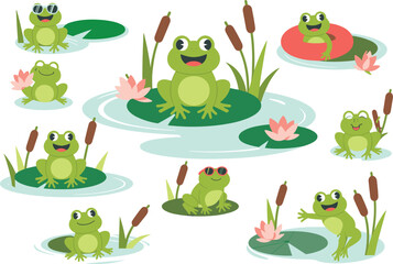Cute Cartoon Frogs on Lily Pads in Pond Keywords: frogs, frog, amphibian, animal, cute, cartoon, illustration, pond, water, lily
