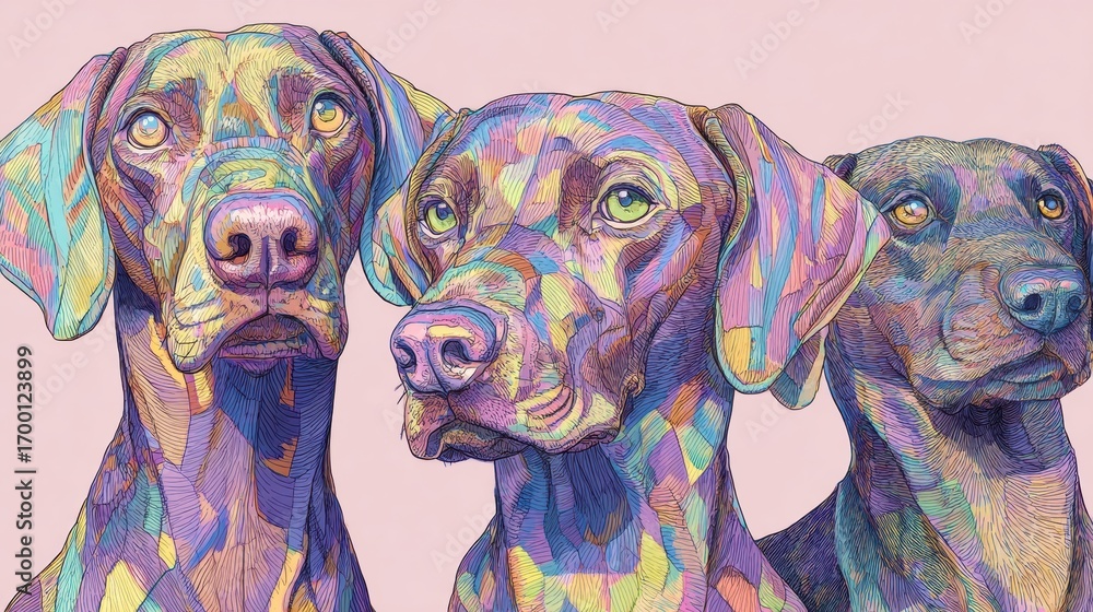 Poster Colorful Artistic Portrayal of Three Dogs With Expressive Features and Intricate Patterns That Showcase Their Unique Personalities