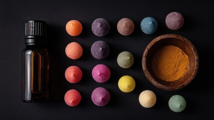 Wellness Kit Flatlay: Essential Oils and Colorful Candies on Dark Background