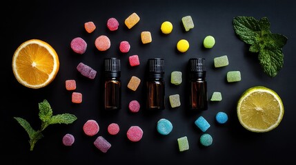 Wellness Kit Flatlay: Essential Oils and Colorful Candies on Dark Background