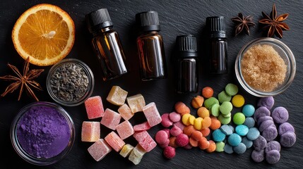 Wellness Kit Flatlay: Essential Oils and Colorful Candies on Dark Background