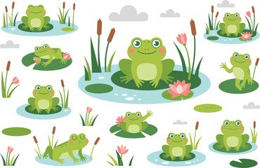 Cute cartoon frogs on lily pads with cattails and pink flowers Keywords: frog, frogs, lily pad, lily pads, pond, water, nature