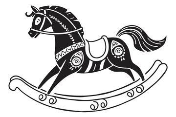 Stylized black and white rocking horse illustration