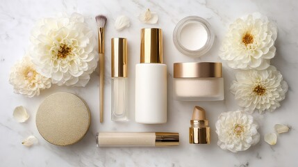 White and Gold Cosmetic Products Flatlay with Flowers