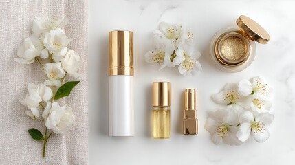 White and Gold Cosmetic Products Flatlay with Flowers