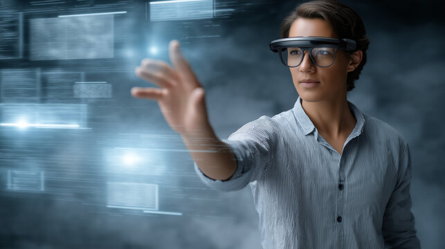 A virtual reality headset user navigating a cyberspace world with floating touch screen panels, surrounded by dynamic data visualizations, cyberspace, touch screen, virtual reality