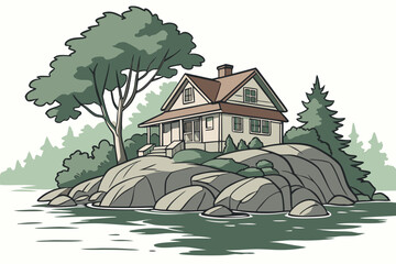Cozy house on rocky shoreline with large tree