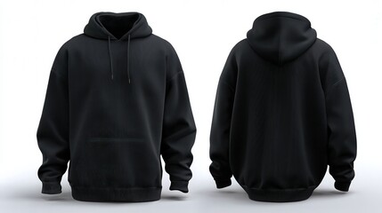 A stylish black hoodie displayed from front and back, featuring a textured design and a comfortable fit, perfect for casual wear.