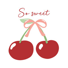 Cute Cherry with ribbon bow vector flat Design illustration.