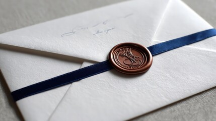 White Envelope with Navy Blue Ribbon and Copper Wax Seal