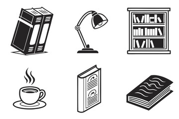Collection of reading and study icons in black and white