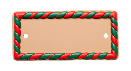 Ceramic clay nameplate with painted festive red and green border isolated on transparent background