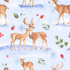 Watercolor Christmas seamless pattern with reindeer in a winter forest. Hand-painted illustration on a blue background. For design, printing, fabric, and backgrounds.