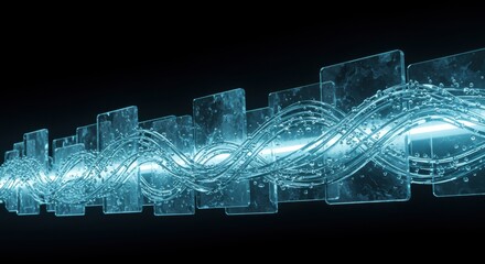 Futuristic digital wave with glowing glass panels and data flow