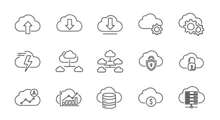 A collection of cloud computing icons illustrating various services and concepts related to cloud technology, including data storage, security, and networking.