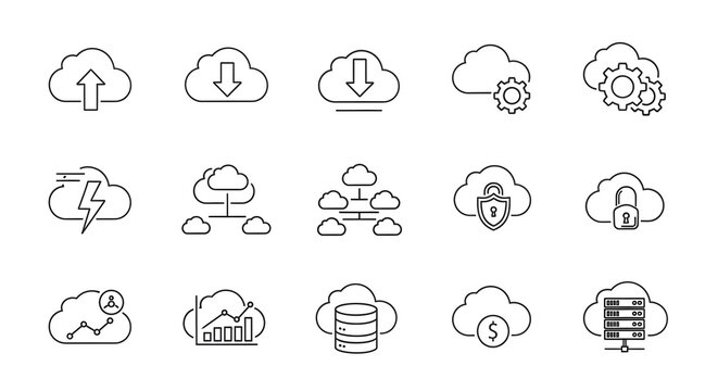 A collection of cloud computing icons illustrating various services and concepts related to cloud technology, including data storage, security, and networking.