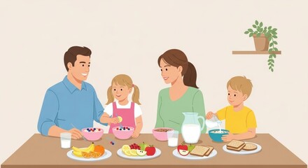 Happy family enjoys a healthy breakfast together with milk, fruits, and cereals