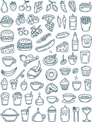 Hand Drawn Doodle Icons of Food and Drinks on White Background Keywords: food, drink, doodle, icon, drawing, illustration, sketch