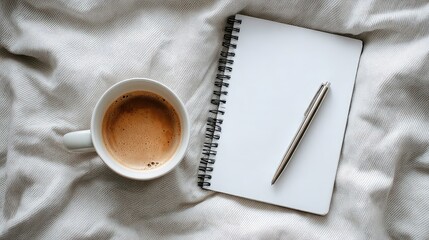 White Notebook Pen Coffee Cup Minimal Flatlay