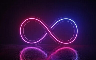 Vibrant neon infinity symbol glows with pink and blue light, reflecting on wet surface