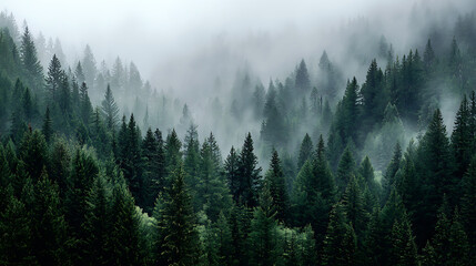 Mysterious evergreen forest shrouded in dense mist, creating a serene and atmospheric natural landscape scene with tall pine trees disappearing into the fog.
