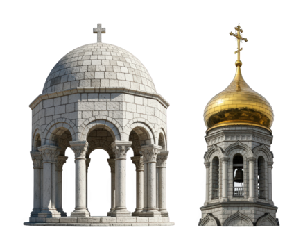 Religious architecture set including a stone rotunda with cross and golden domed bell tower isolated. Christian faith and history elements.