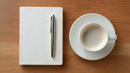 White Notebook Pen Coffee Cup Minimal Flatlay