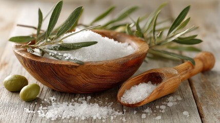White Salt and Olive Branch in Wooden Bowl and Spoon