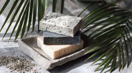 White Speckled Soap Bar on Grey Stone Dish with Palm Leaves