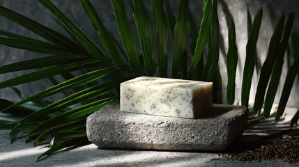 White Speckled Soap Bar on Grey Stone Dish with Palm Leaves