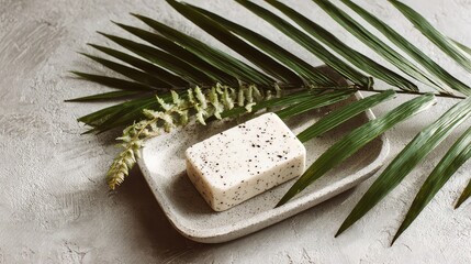 White Speckled Soap Bar on Grey Stone Dish with Palm Leaves