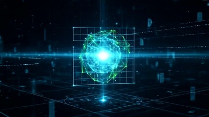 Futuristic digital interface showcasing a glowing energy sphere with grid patterns and data streams - Powered by Adobe