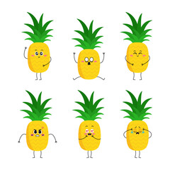 Cartoon pineapple character icon set. Pineapple mascot emoji set. Vector illustration