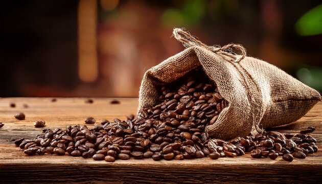 Coffee Beans Spilled From Burlap Sack On Rustic Wooden Table