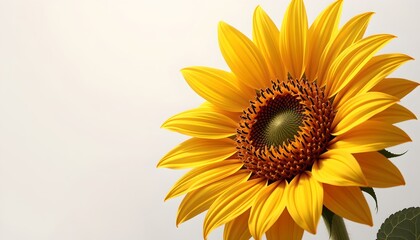 Fototapeta premium A vibrant sunflower blooming against a bright background, exuding warmth and beauty. The sunflower’s bright yellow petals and dark center bring cheerfulness