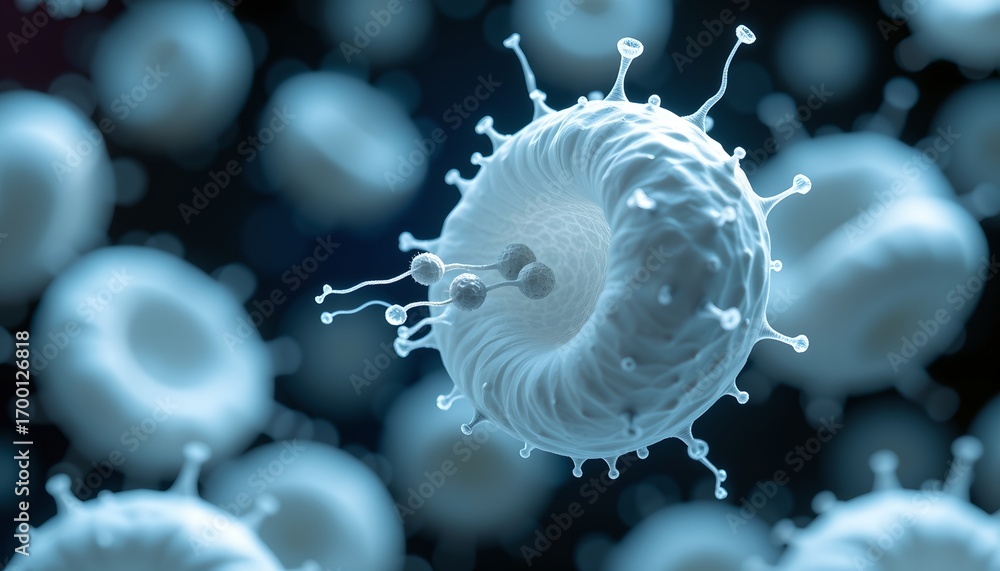 Poster detailed microscopic view of cells and microorganisms, showcasing intricate structures. the image fo