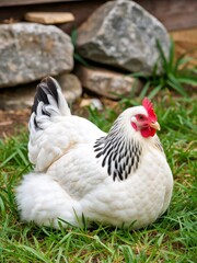 Fototapeta premium Relaxing white hen in a green field farmyard animal photography outdoor close-up rural life