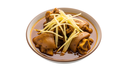 Savory pork trotters simmered in rich, aromatic gravy, garnished with fresh ginger.