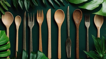Wooden Cutlery Set on Dark Green Background with Greenery