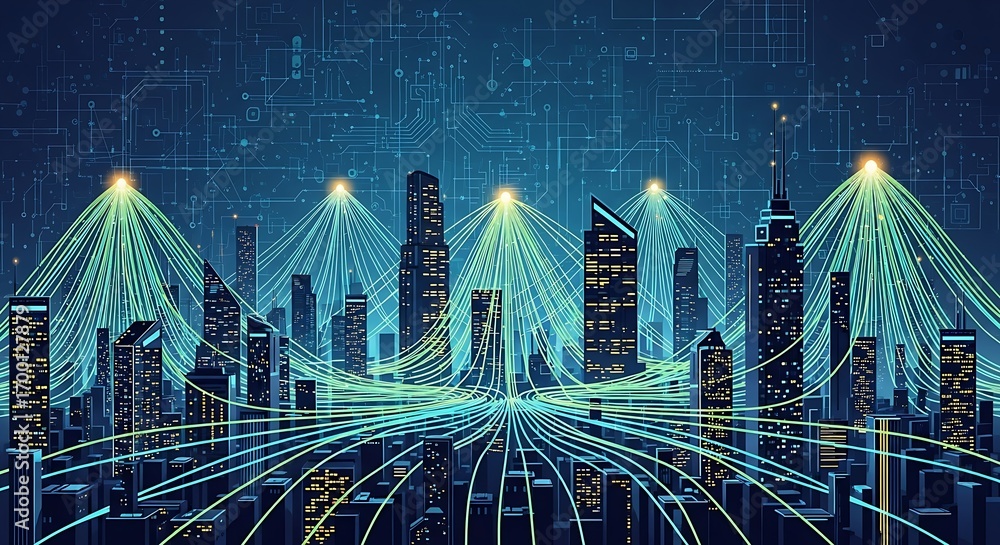 Poster modern cityscape glows with digital connectivity and circuit board design for a tech-forward future