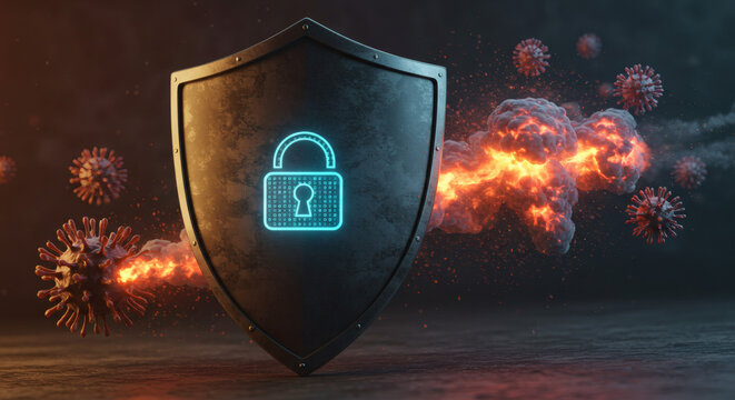 Shield with padlock symbol symbolizing protection against viral pandemic and global health crisis, concept of defense and security