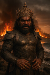 Rahwana, armored demon king, stands by a burning coast at dusk; fury, power and epic legend. generative AI