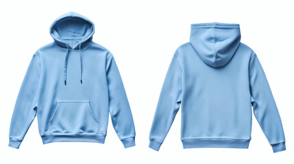Light blue hoodie mockup displaying front and back views, perfect for apparel design, branding, e-commerce, and promotional visuals on white background